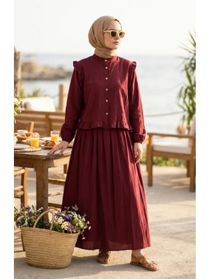 Sefa Merve Fırfır Detaylı Önü Düğmeli Ikili Takım 0248-06 Bordo