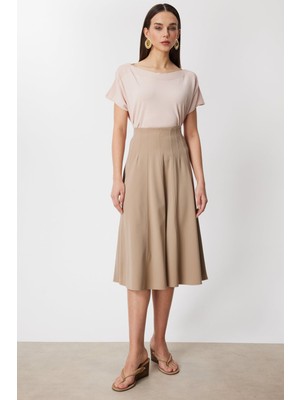 On Kadın Dikiş Detaylı Midi Boy Etek 74217 Bej