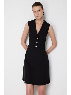 Ekol Kadın Yakası Dalga Detaylı Mini Elbise 6030 Siyah