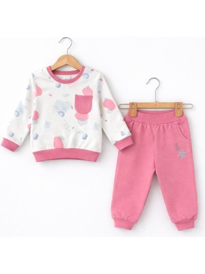 Aziz Bebe Kız Bebek Cepli Desenli Sweatshirt Eşofman Takımı