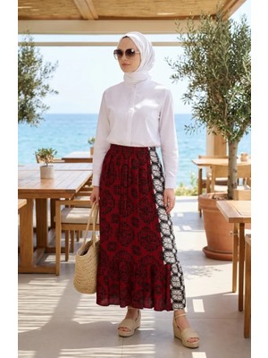 Viskon Kumaş Beli Lastikli Fırfırlı Etek 2012V-01 Bordo