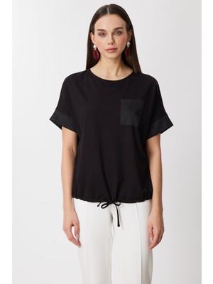 On Kadın Saten Detaylı Bağcıklı T-Shirt 71365 Siyah