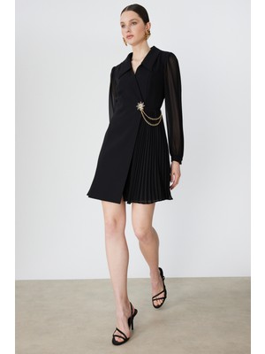 Ekol Kadın Metal Aksesuarlı Kolları Tül Mini Elbise 6048 Siyah