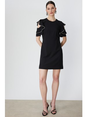 Ekol Kadın Omuzları Taşlı Kısa Kollu Mini Elbise 6032 Siyah