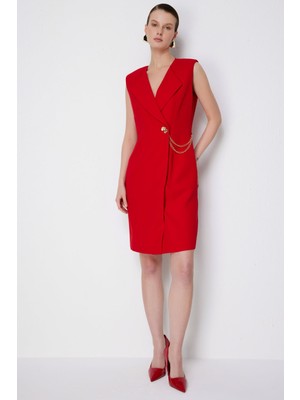 Ekol Kadın Zincir Detaylı Kruvaze Midi Elbise 6044 Kırmızı