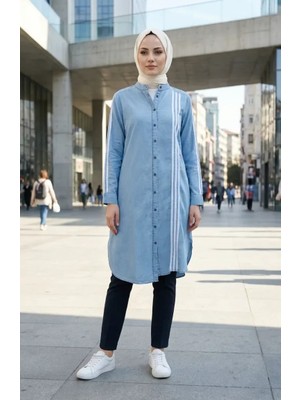 Şerrit Detaylı Kot Tunik 23932-01 Buz Mavisi