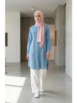 Boydan Düğmeli Uzun Kot Tunik 0210-02 Açık Mavi