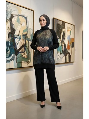 Sefa Merve Şal Desenli Pileli Ikili Takım 2240-02 Siyah Haki