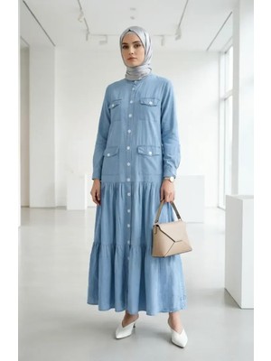 Boydan Düğmeli Cepli Kot Elbise 33020-02 Açık Mavi