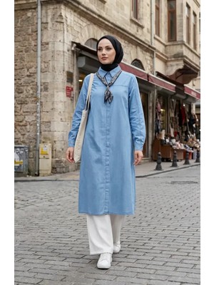 Fular Detaylı Kot Tunik 12119-01 Buz Mavisi