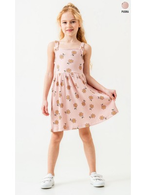 Smile Kids Askılı Çiçek Desenli Fitilli Kız Çocuk Elbise – Bej