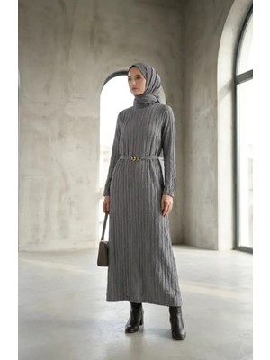 Sefa Merve Bürümcük Kumaş Kuşaklı Elbise 2239-01 Gri