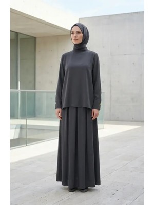 Kolu Düğmeli Tunik Etek Ikili Takım 0246-05 Koyu Gri