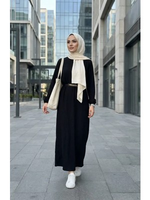 Sefa Merve Bürümcük Kumaş Kuşaklı Elbise 2239-02 Siyah