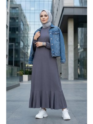 Sefa Merve Etek Ucu Volanlı Fırfırlı Elbise 2244-02 Antrasit