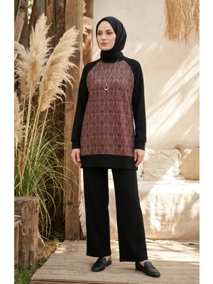 Sefa Merve Desenli Tunik Pantolon Ikili Takım 2245-03 Bordo Siyah