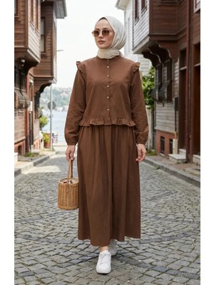 Sefa Merve Fırfır Detaylı Önü Düğmeli Ikili Takım 0248-03 Kahverengi