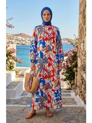 Kolu Lastikli Düğmeli Desenli Elbise 0252-02 Gri Kırmızı