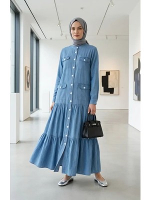 Boydan Düğmeli Cepli Kot Elbise 33020-01 Mavi