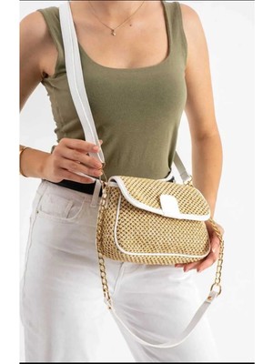 Kadın Hasır Zincir Askı Çarpraz Kol Omuz Çantası Beyaz