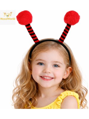 NW Nessi World Kırmızı Siyah Uğur Böceği Antenli Taç - Çocuk Uğur Böceği Tacı Mega Ponponlu