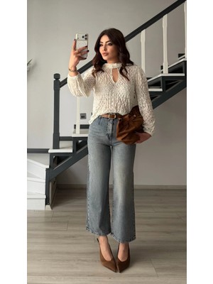 Elisin Mavi Kemerli Wide Leg Jean