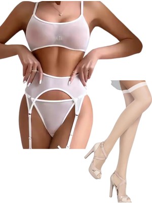 İkikareshop Fantezi Beyaz Transparan Tül Jartiyer Takımı BC3262