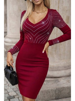 Munn Collection Kadın Uzun Kollu V Yakalı Taşlı Mini Ithal Krep Elbise