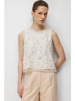 Ekol Kadın Pullu Taş Işlemeli Bluz 2856 Ekru