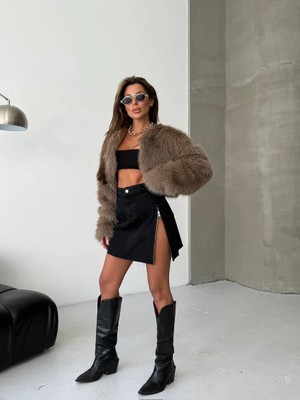 Herton Kadın Siyah Fermuar Detaylı Denim Mini Etek - %100 Pamuk Yırtmaçlı Kot Etek