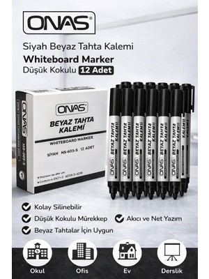 Balkan Grup Onas Siyah Beyaz Tahta Kalemi Whiteboard Marker Düşük Kokulu 12 Adet Kutu