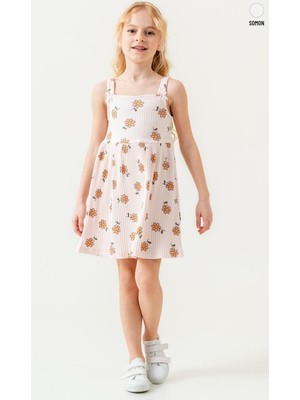 Smile Kids Askılı Çiçek Desenli Fitilli Kız Çocuk Elbise – Bej