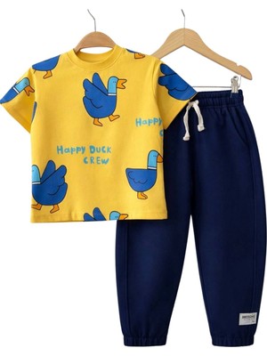 Zuzunga Happy Duck Baskılı Erkek Çocuk ALT - ÜST Takım %100 Pamuk Sarı Lacivert