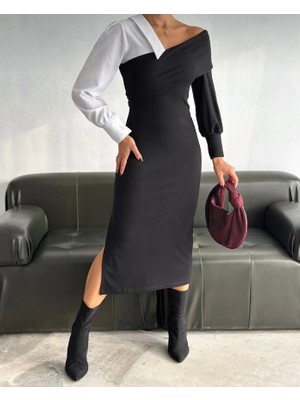Stilera Kadın Tek Omuz Gömlek Detaylı Yırtmaçlı Midi Boy Şık Elbise