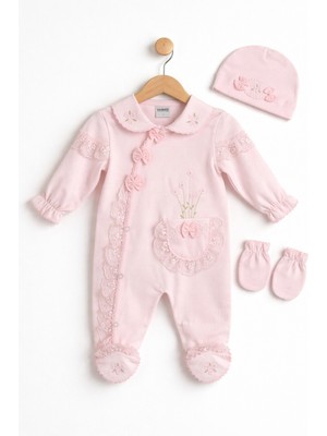 Kardeşler Bebe Dantelli Çiçek Nakışlı Kız Bebek Tulum Bere Eldiven Seti