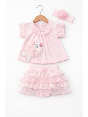 Kardeşler Bebe Balık Detaylı Kız Bebek Takım – Dantelli Tütü Etek ve Saç Bandı Set