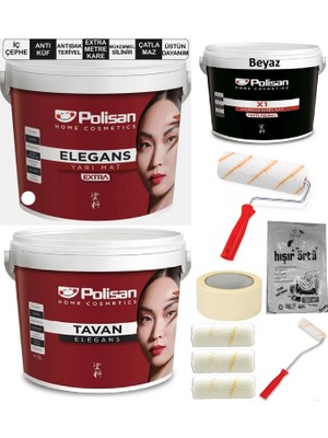 10 Parça Polisan Boya Seti 17,5kg / 12,5lt Elegans Extra Iç Cephe Duvar Boyası Antiküf Antibakteriyel + 17,5kg Elegans Tavan Boyası Anti Küf Anti Bakteriyel + 2,5 Lt X1 Panel Kapı Boyası Set