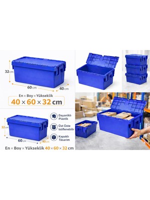 Aslan Plastik Palet 2li 40*60*32 cm  Mavi Menteşe Kapaklı Plastik Kasa