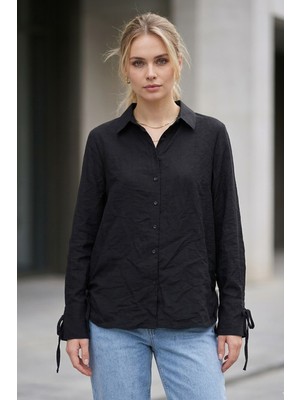 Lupinn Kadın Siyah Classic Regular Fit Uzun Kollu Düğmeli Dokuma Gömlek – Kadın Gömlek Bluz
