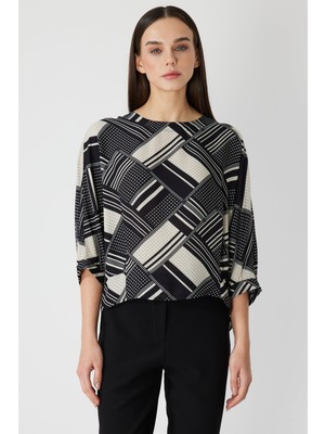 On Kadın Desenli Yarım Kollu Bluz 72347 Siyah