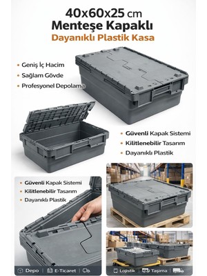 Aslan Plastik Palet 5li 40*60*25 cm  Gri Menteşe Kapaklı Plastik Kasa