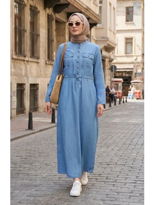 Yarım Düğmeli Beli Bağcıklı Kot Elbise 28012-01 Mavi