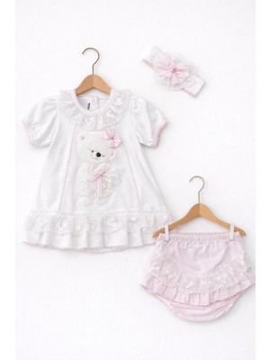 Kardeşler Bebe Dantelli Ayıcıklı Kız Bebek Elbise Takım – Saç Bantlı 3’lü Set