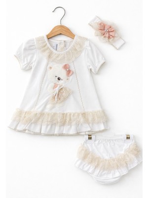 Kardeşler Bebe Dantelli Ayıcıklı Kız Bebek Elbise Takım – Saç Bantlı 3’lü Set