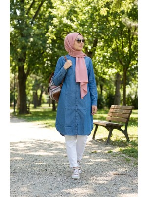 Boydan Düğmeli Uzun Kot Tunik 0210-01 Mavi