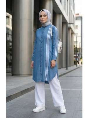 Şerit Detaylı Kot Tunik 23932-02 Kot Mavi