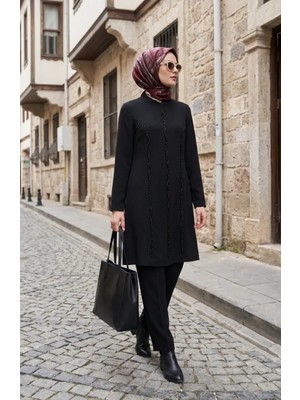 Büyük Beden Boncuk Işlemeli Ikili Takım 6290-01 Siyah