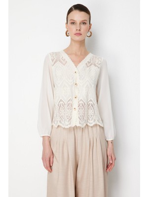 On Kadın Kolları Tül Dantelli Pamuklu Hırka 70931 Ekru