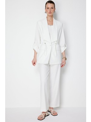 Ekol Kadın Çizgi Desenli Bol Paça Pantolon 1090 Ekru