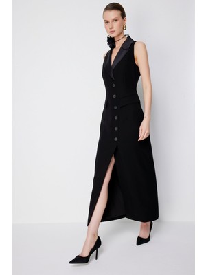 Ekol Kadın Kapak Cepli Yırtmaçlı Elbise 6046 Siyah